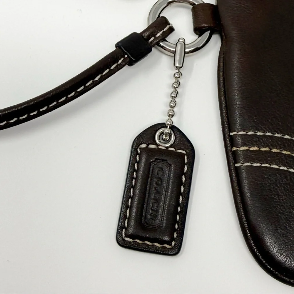 Coach Dark Brown Leather Wristlet Clutch Pouch Purse Zip Top Signature